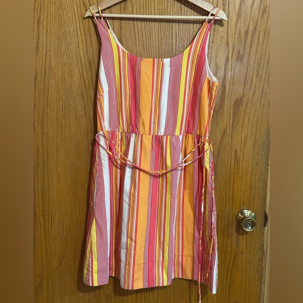 Tulle striped orange pink lined sz L pockets summer bright dress